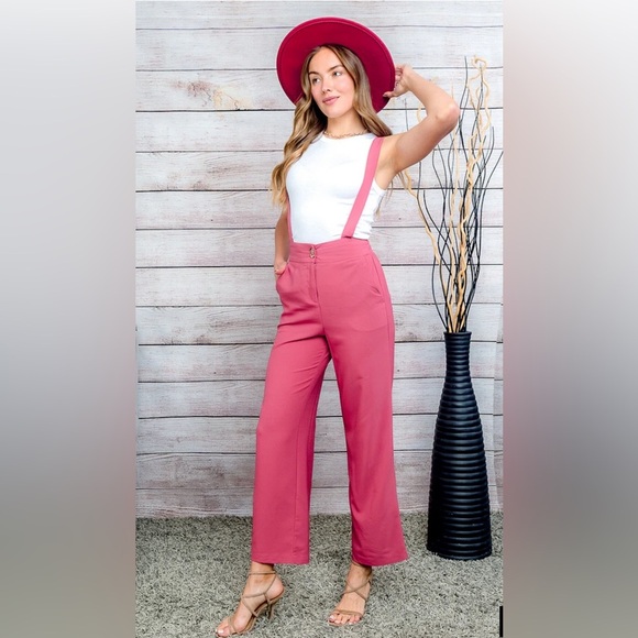 Pants - Women's Pink Jumpsuit Pants with Suspenders